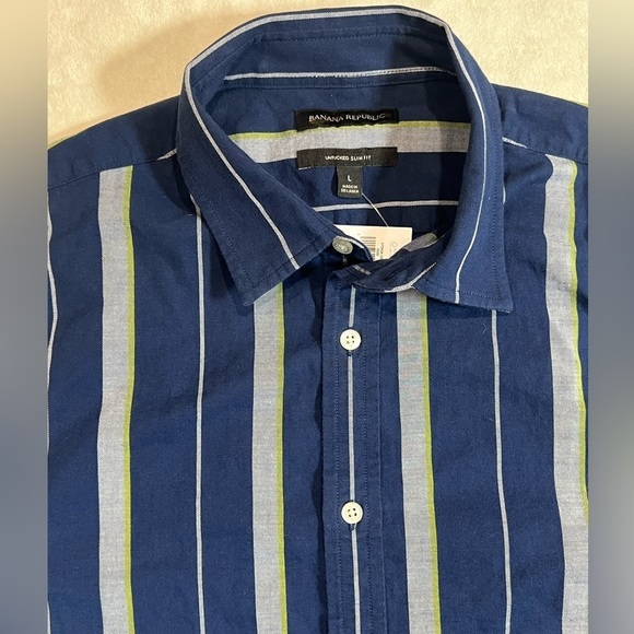 NWT Banana Republic Untucked Slim Fit Large Men's Striped Blue Shirt Summer - Picture 6 of 10